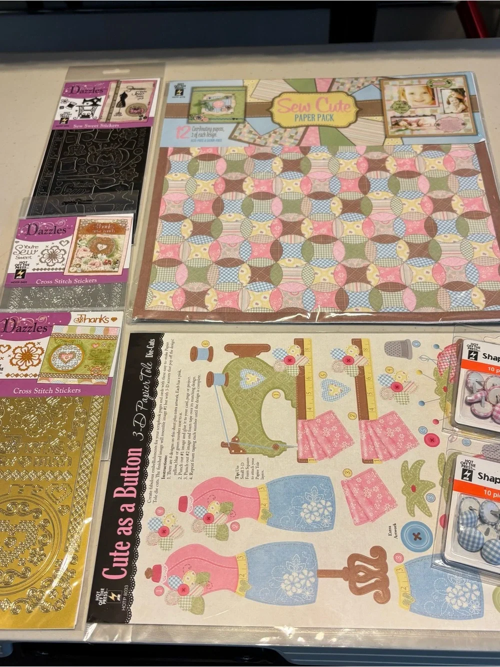 Sew Cute Paper Pack & Cute as a Button Scrapbook Kit - Pink, Blue, Green lot